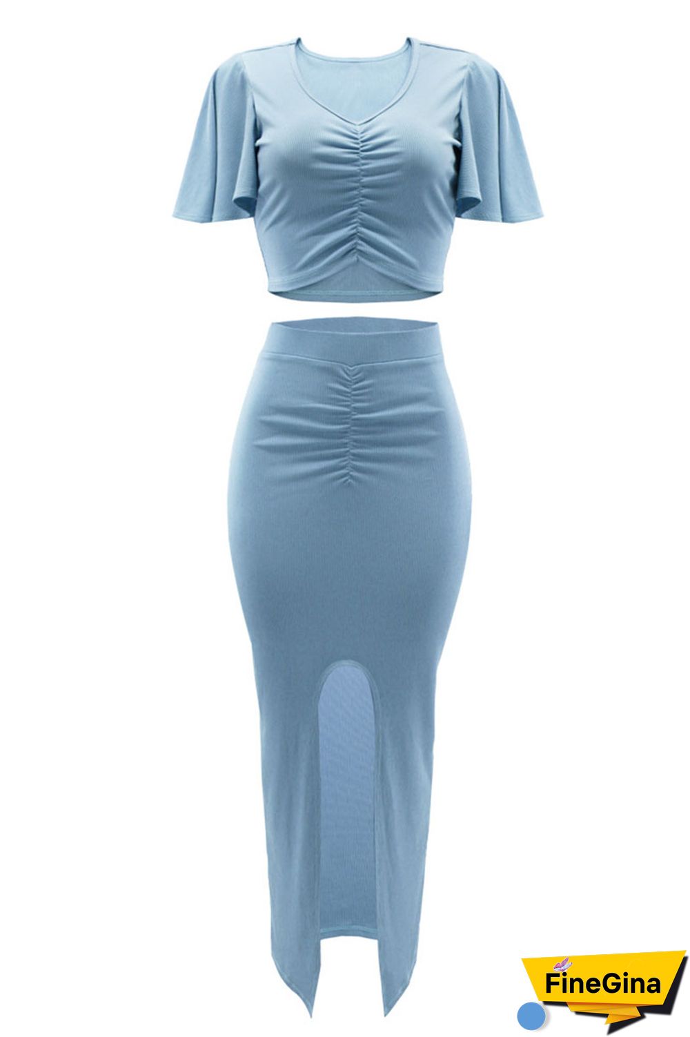 Blue Elegant Solid Patchwork Fold V Neck Short Sleeve Two Pieces