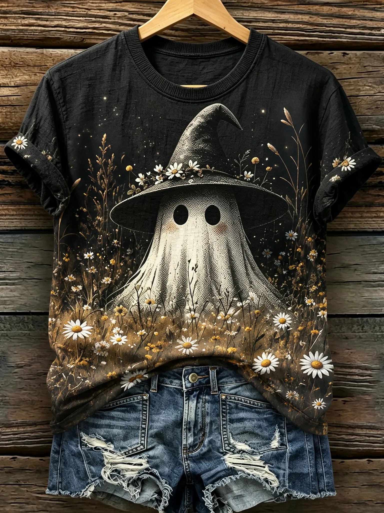 Women's Retro Bohemian Halloween Theme Ghost And Floral Print T-shirt artswardrobe