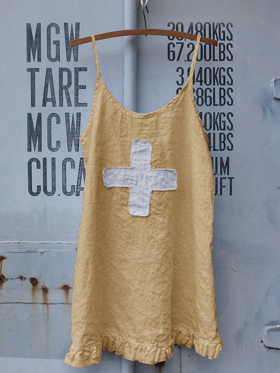 Womens Cross Printing Ruffled Hem Casual Linen Slip Dress