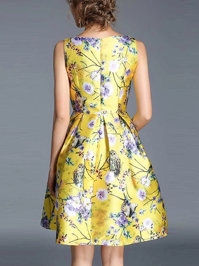New high-waist sleeveless A-line print puffy dress