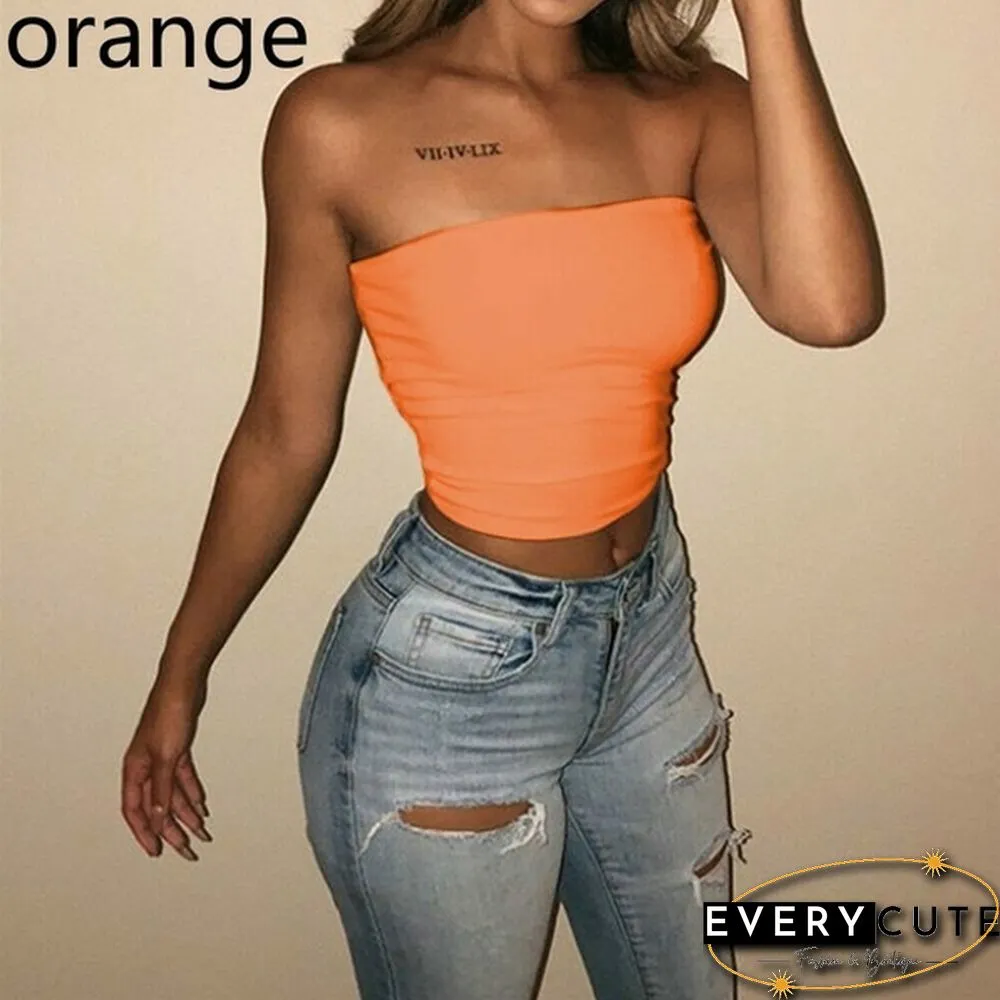 Womens Off Shoulder Strappyless Casual Tank Vest Sleeveless Summer Bodycon Slim Crop tops