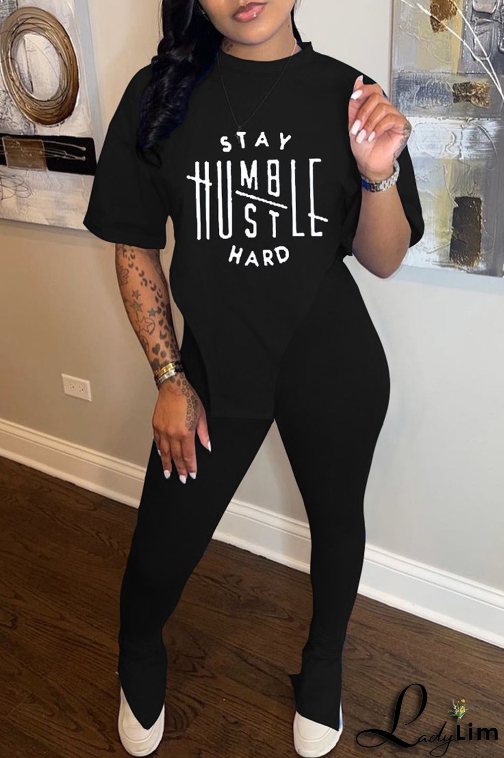 Pink Fashion Casual Print Slit Asymmetrical O Neck Short Sleeve Two Pieces