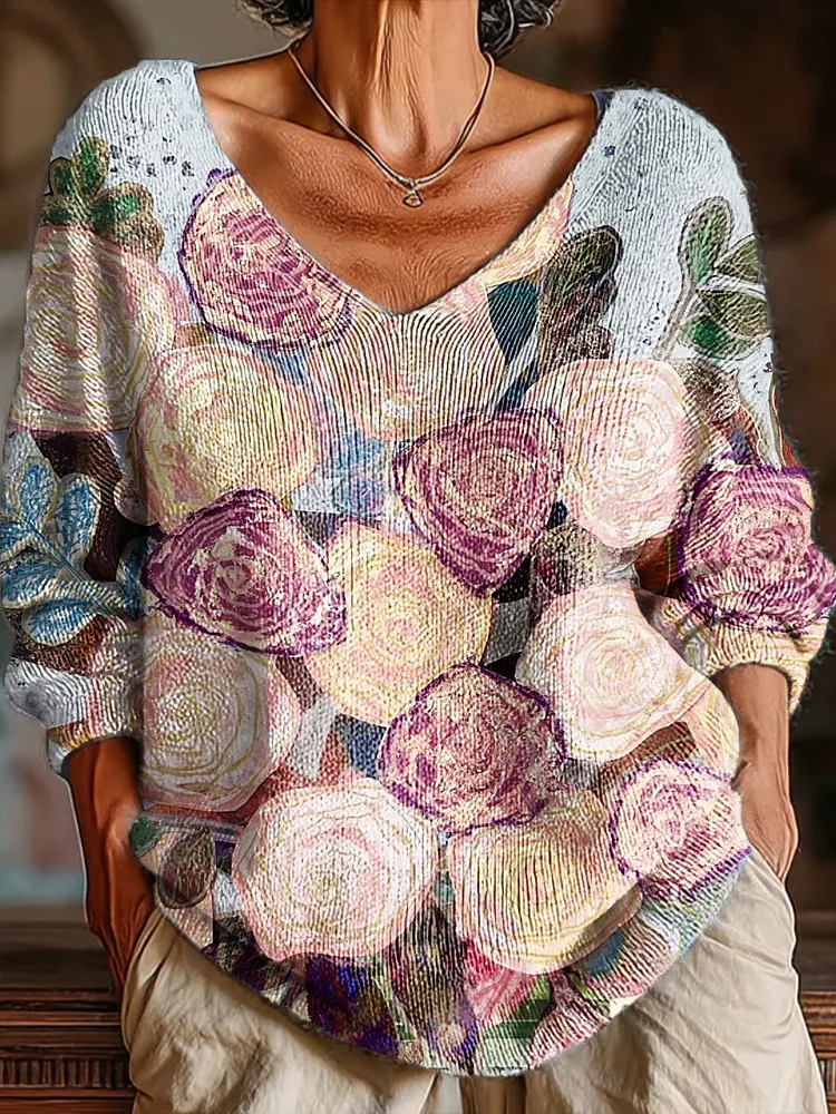 Women's Beautiful Large Oil Painting Flower Painting Art Print Casual Pullover Sweater