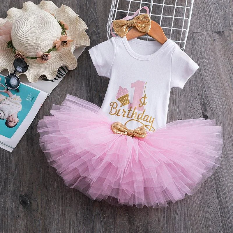 Flower Headband Short Sleeve Top and Tutu Dress Outfits 3pcs for 1 Year Baby Girls First Birthday Party Cotume Newborn Clothes