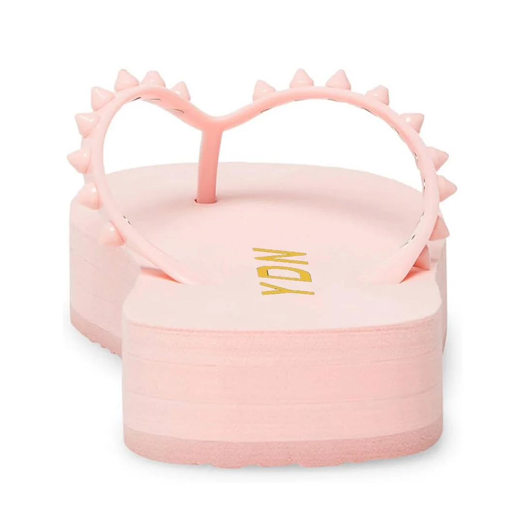 Light Pink Vegan Leather Rivet Strap Platform Heel Slippers for Girls