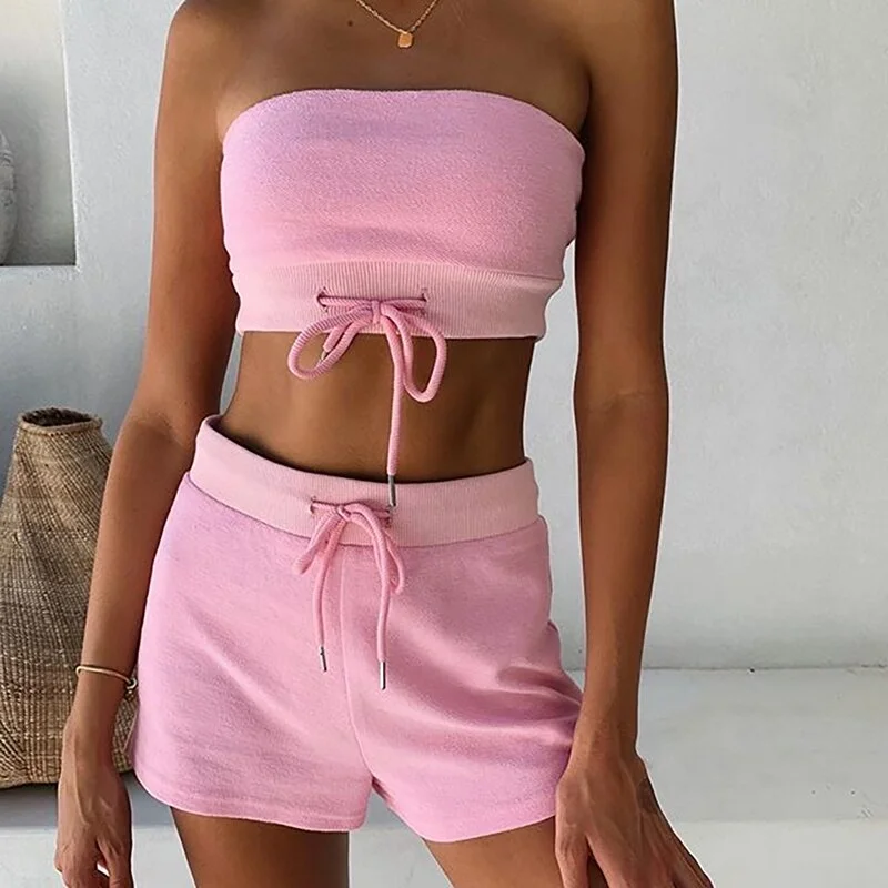 Sexy Two Pieces Set Women Strapless Drawstring Crop Tops And Slim Shorts Suit Summer Casual WorkOut 2 Piece Outfits