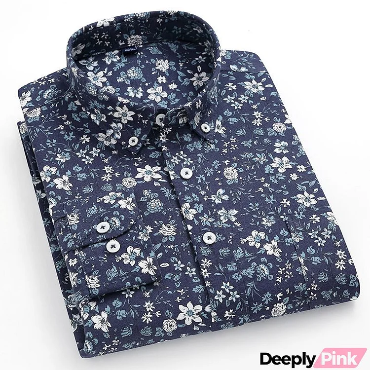 Men Fashion Casual Basic Tiny Flower Long Sleeve Lapel Plus Size Shirt