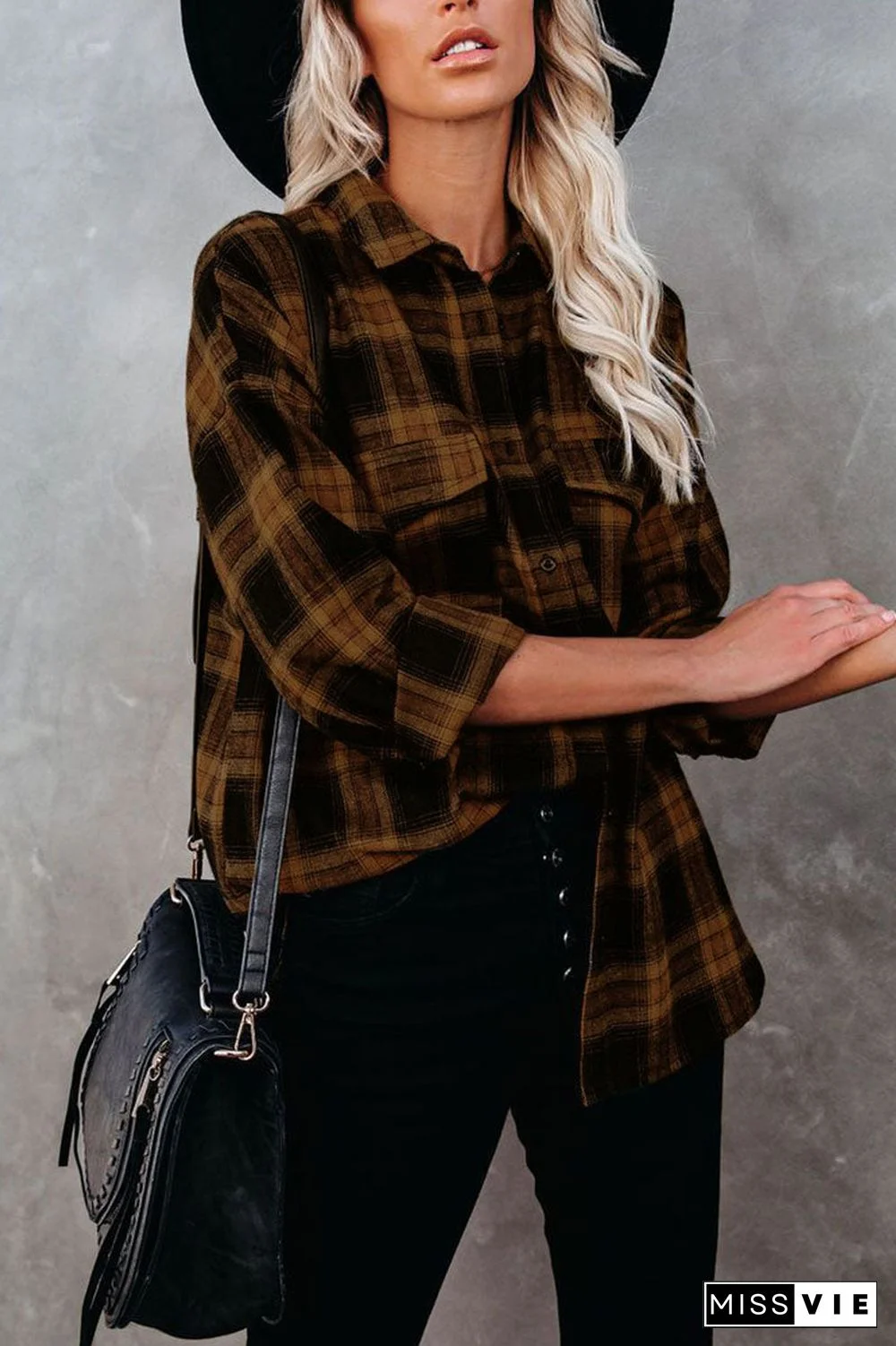 Fashion Sexy Plaid Patchwork Turndown Collar Tops