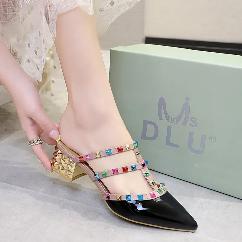 2020 New 10CM New High-heeled Shoes Female Pointed Stiletto Sexy Nightclub Word with Rivets Wild Sandals Female Summer
