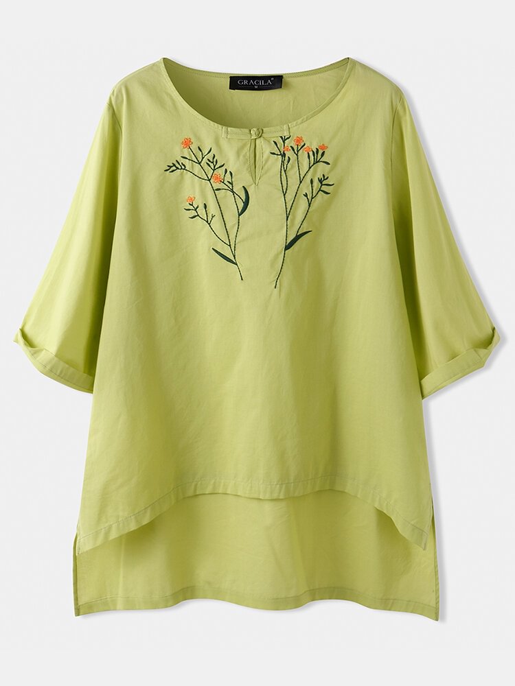 Flower Embroidery High low Hem O Neck Loose Casual Blouse P1823868