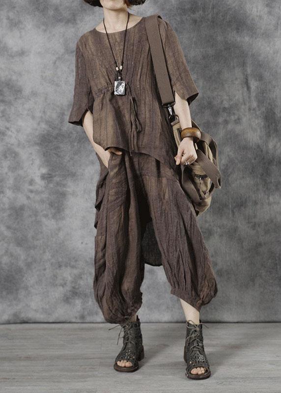 VCSHOES Chocolate Tie Waist Wrinkled Fall Tops Half Sleeve