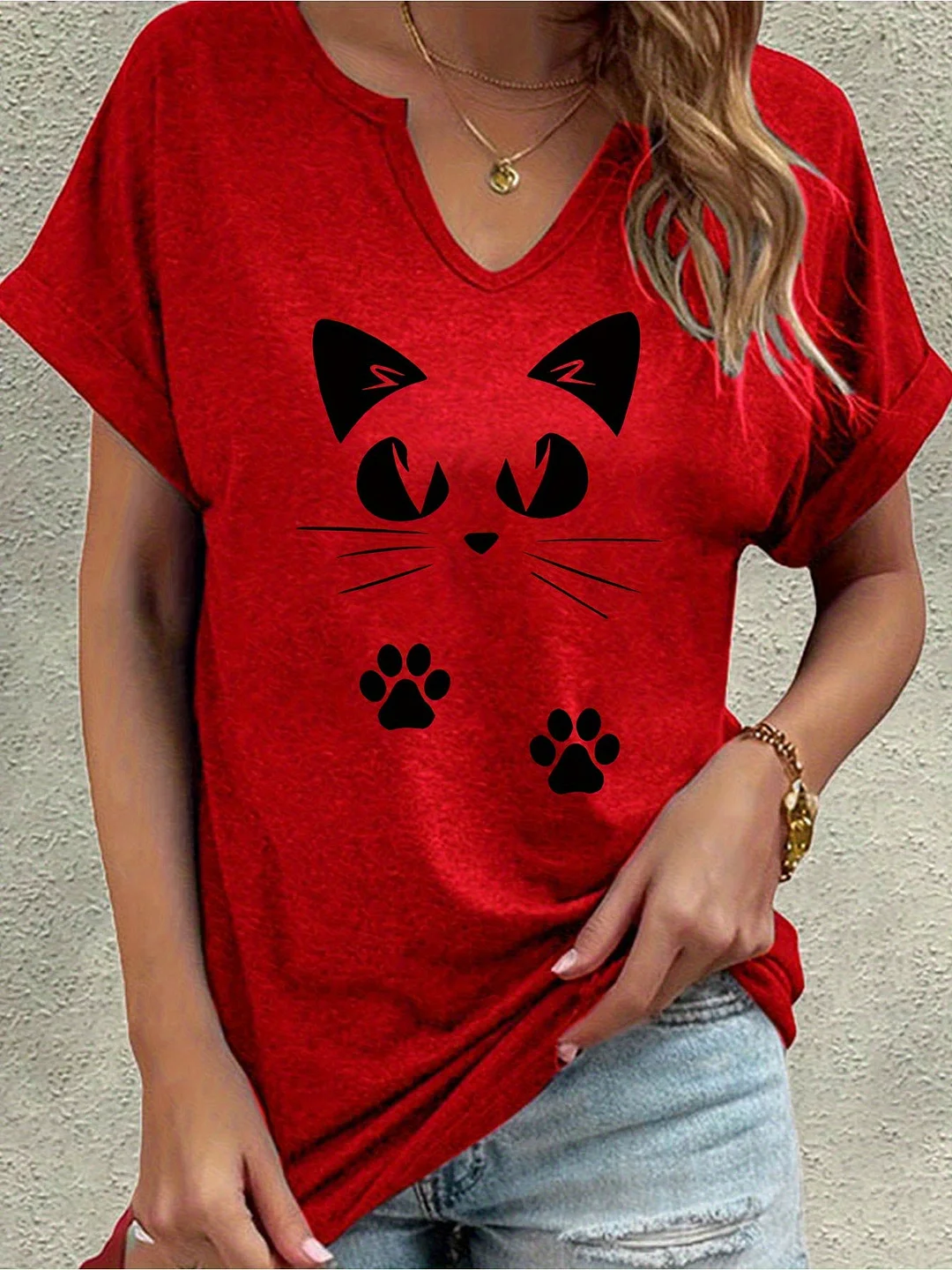 Women's Cat Face & Paw Print V-Neck T-Shirt - Short Sleeve Summer Top With Rolled Sleeves, Regular Fit Casual Tee For Spring/Summer, Breathable Casual Attire, Cat Tshirt, Weekend Attire, Playful Design, Comfortable Material, Pet Owners, Spring Fashion | IFYHOME