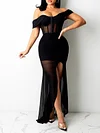Off-The-Shoulder Solid Color Mesh Backless Split-Side Maxi Dress