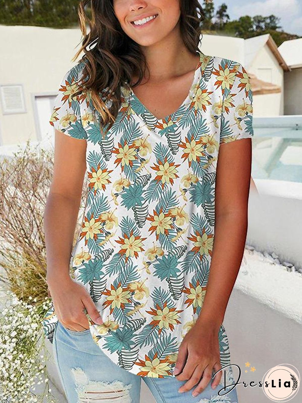Plant Print V-Neck Leisure Women T-Shirt