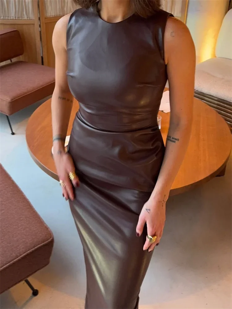 PU Sexy Fashion Maxi Dress High Waist Sleeveless Slim Patchwork Solid Skinny Streetwear Bodycon Dress