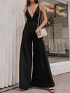 Solid Color Deep V-Neck Wide Leg Jumpsuits