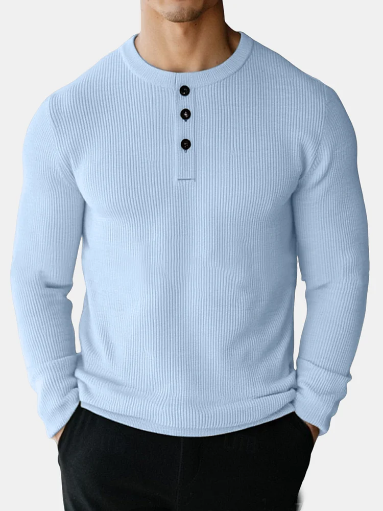 Men's Casual Solid Color Vertical Stripe Button Long Sleeve Henley Shirt