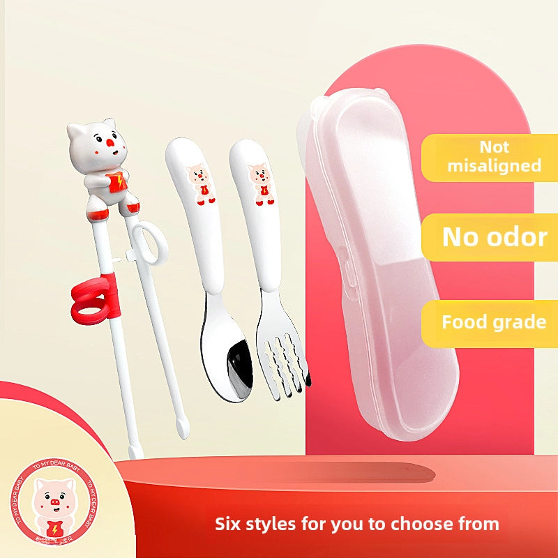 Maternal And Infant Products Portable Feeding Children’s Tableware Set Cartoon Learning Chopsticks Training Chopsticks 304 Stainless Steel Spoon Fork