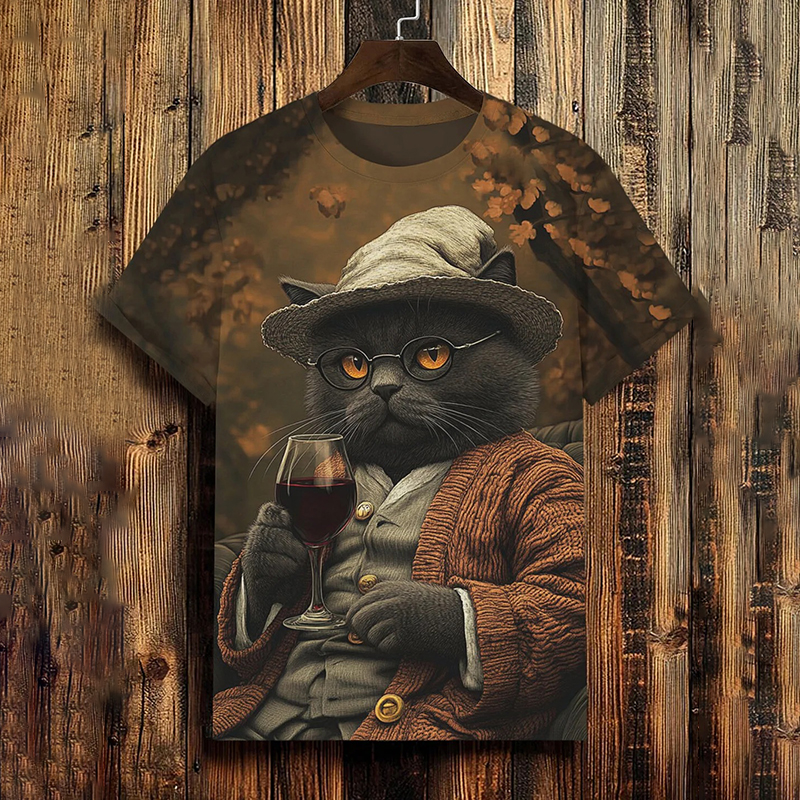 Men's Cat Drinking Red Wine Art Print T-shirt  artssus