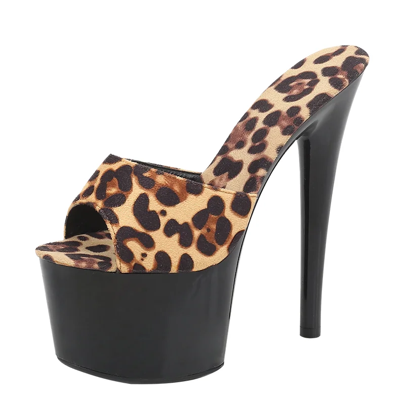 Canrulo New Leopard Print Woman Slippers Sandals Platform 2023 Nightclub Sexy High-heeled 15cm Shoes Slippers Heels Waterproof