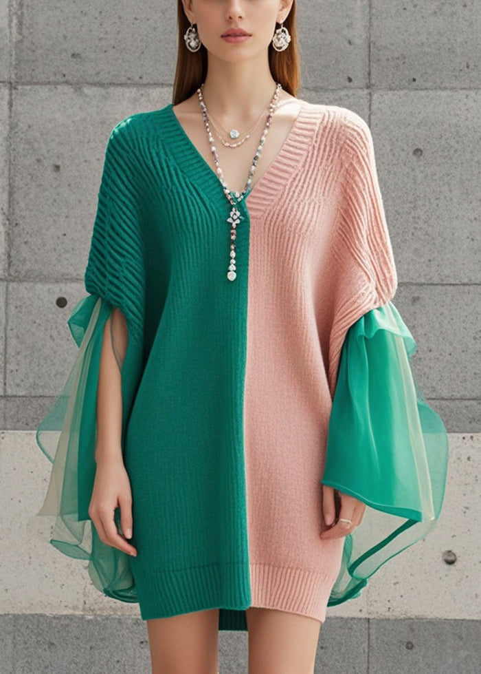 VCSHOES Colorblock Asymmetrical Patchwork Tulle Knit Dress Fall