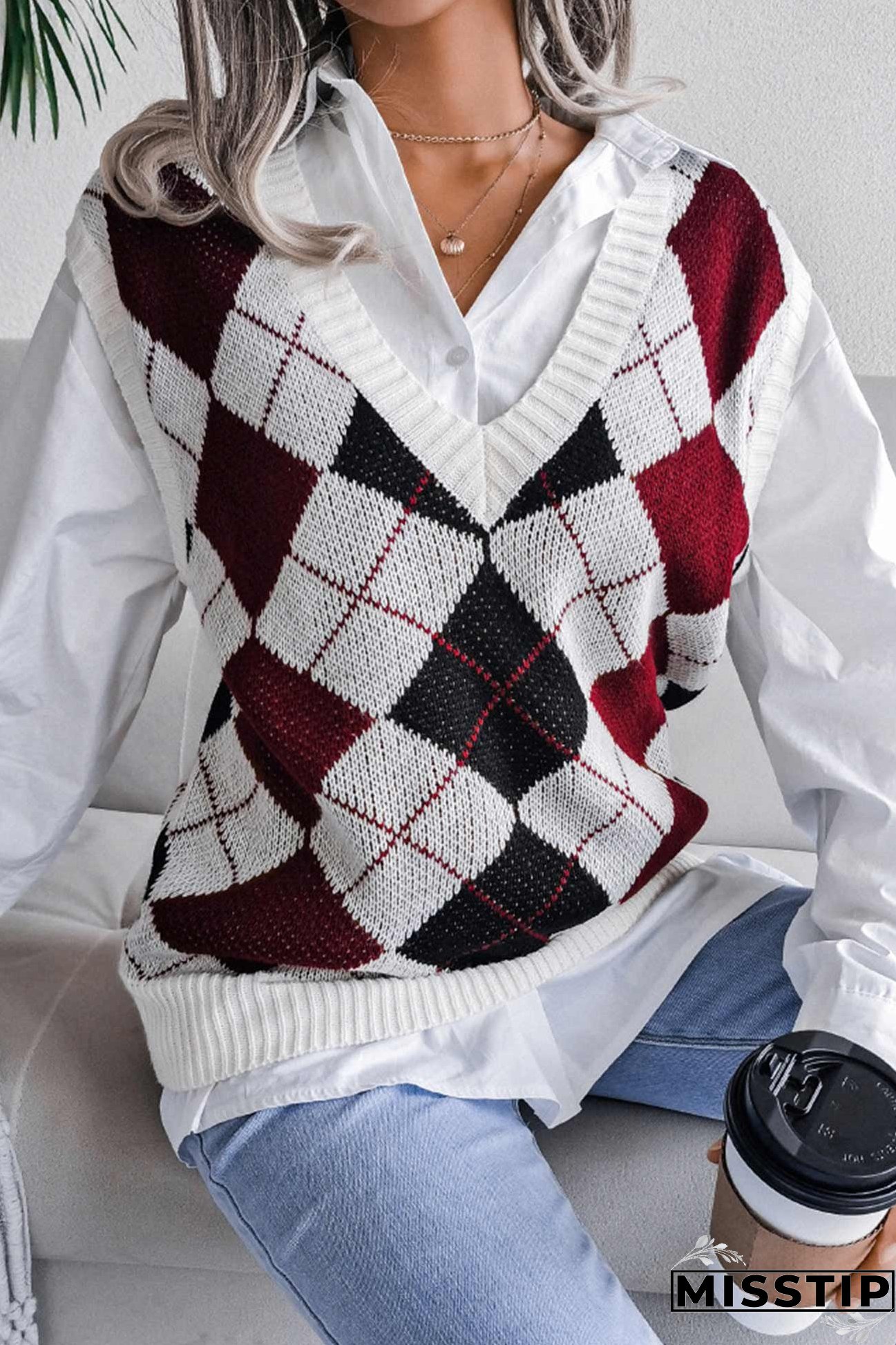 V Neck Checked Knit Tank Sweater