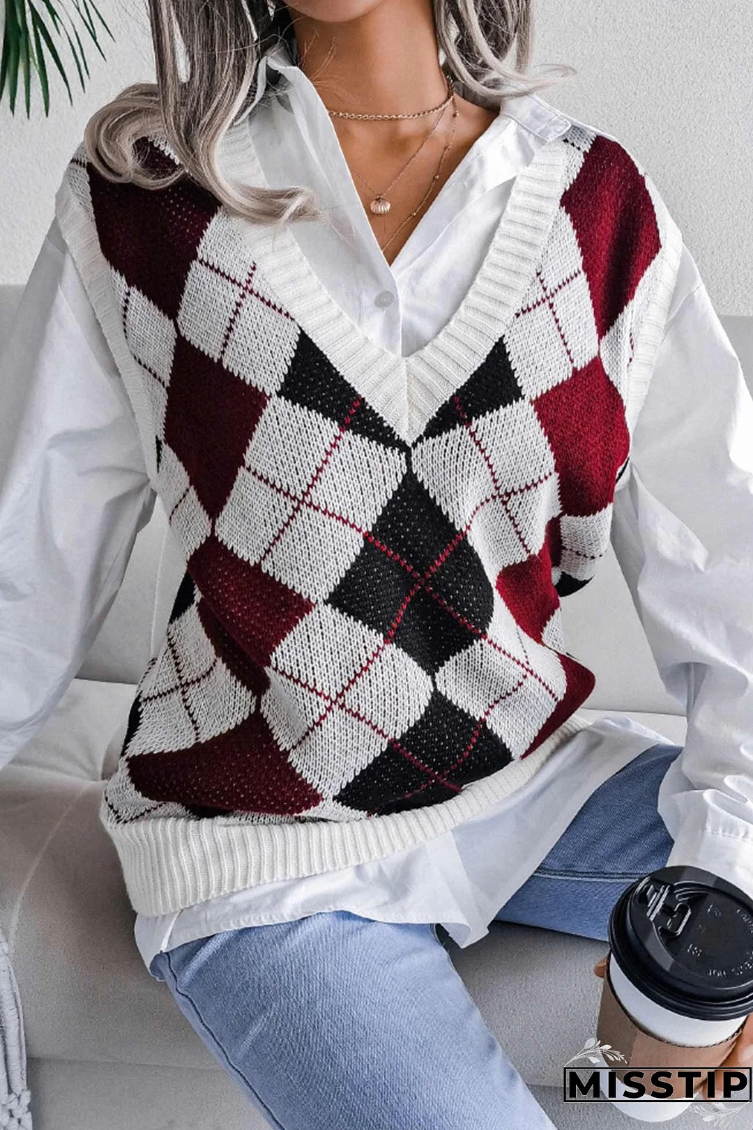 V Neck Checked Knit Tank Sweater