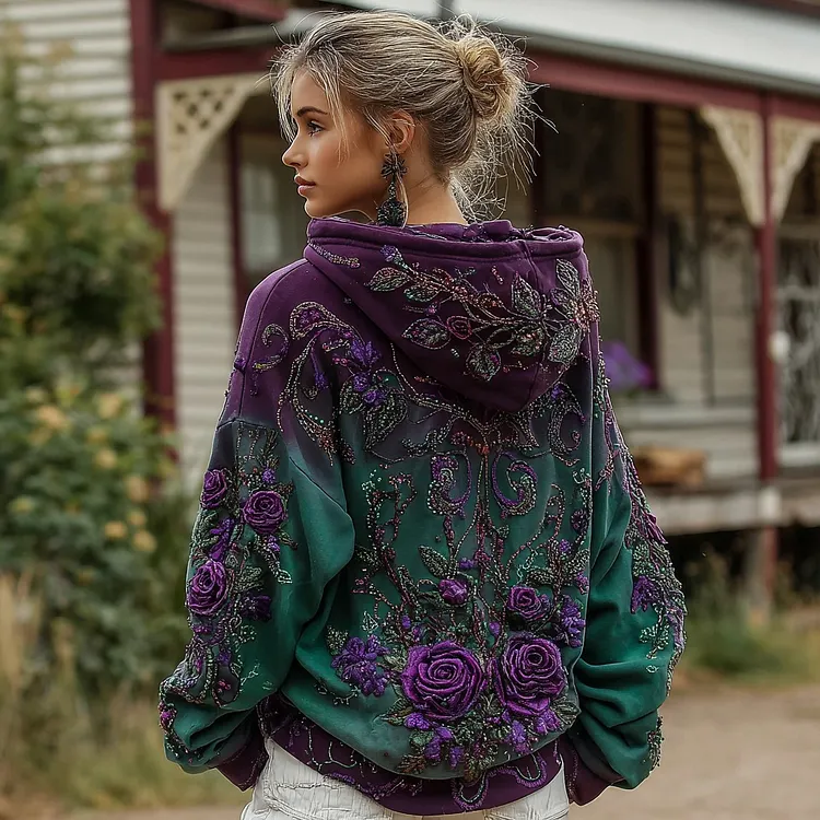Women's Retro Purple Rose Gradient Pattern Casual Hoodie