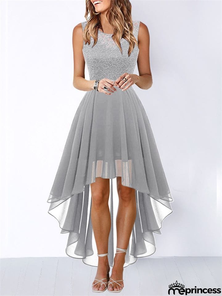 Women's Lace Splicing Round Neck Backless Chiffon Elegant Dress