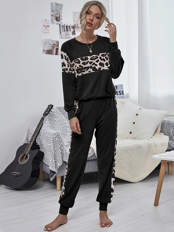Casual Two Two Colors Leopard Tops+Pants Suits