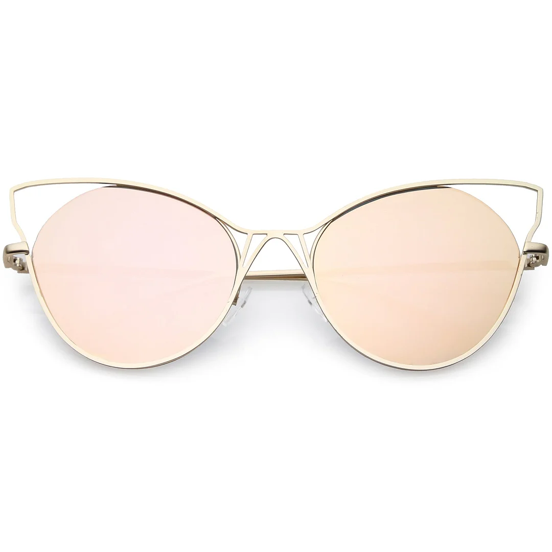 Oversize Cat Eye glasses Semi Rimless Metal Cut Out Mirrored Flat Lens 60mm