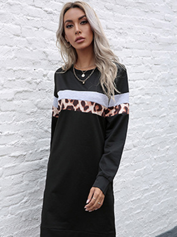 Mature Women Fall And Winter Leopard Print Stripe Casual Dress