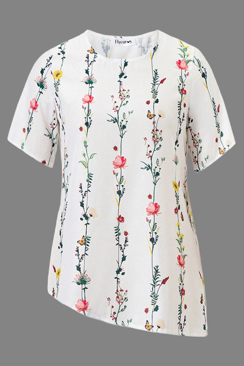 Flycurvy Plus Size Casual White Linen Round Neck Floral Print Half Sleeve Loose Blouse 2024 - Flycurvy 
