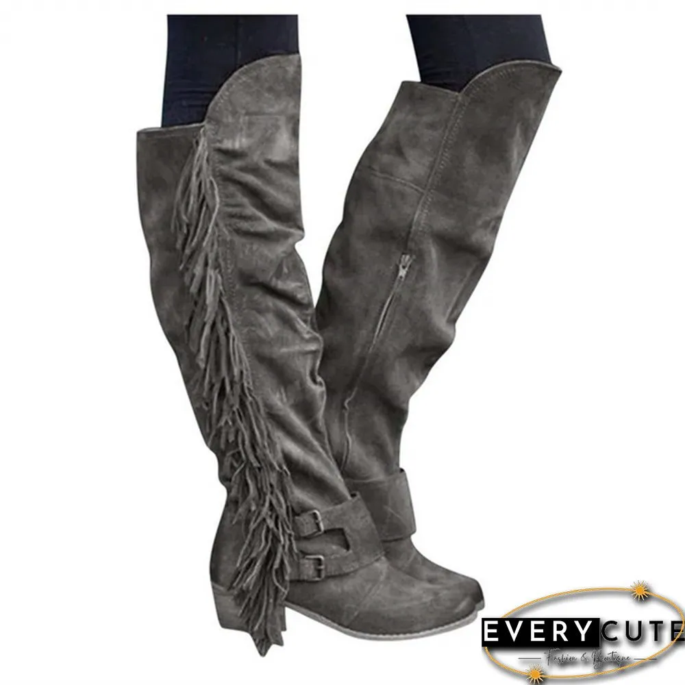 Suede Long Boots Women Over Knee Vintage Botas Chunky Heel Side-zipper Round Toe Tassel