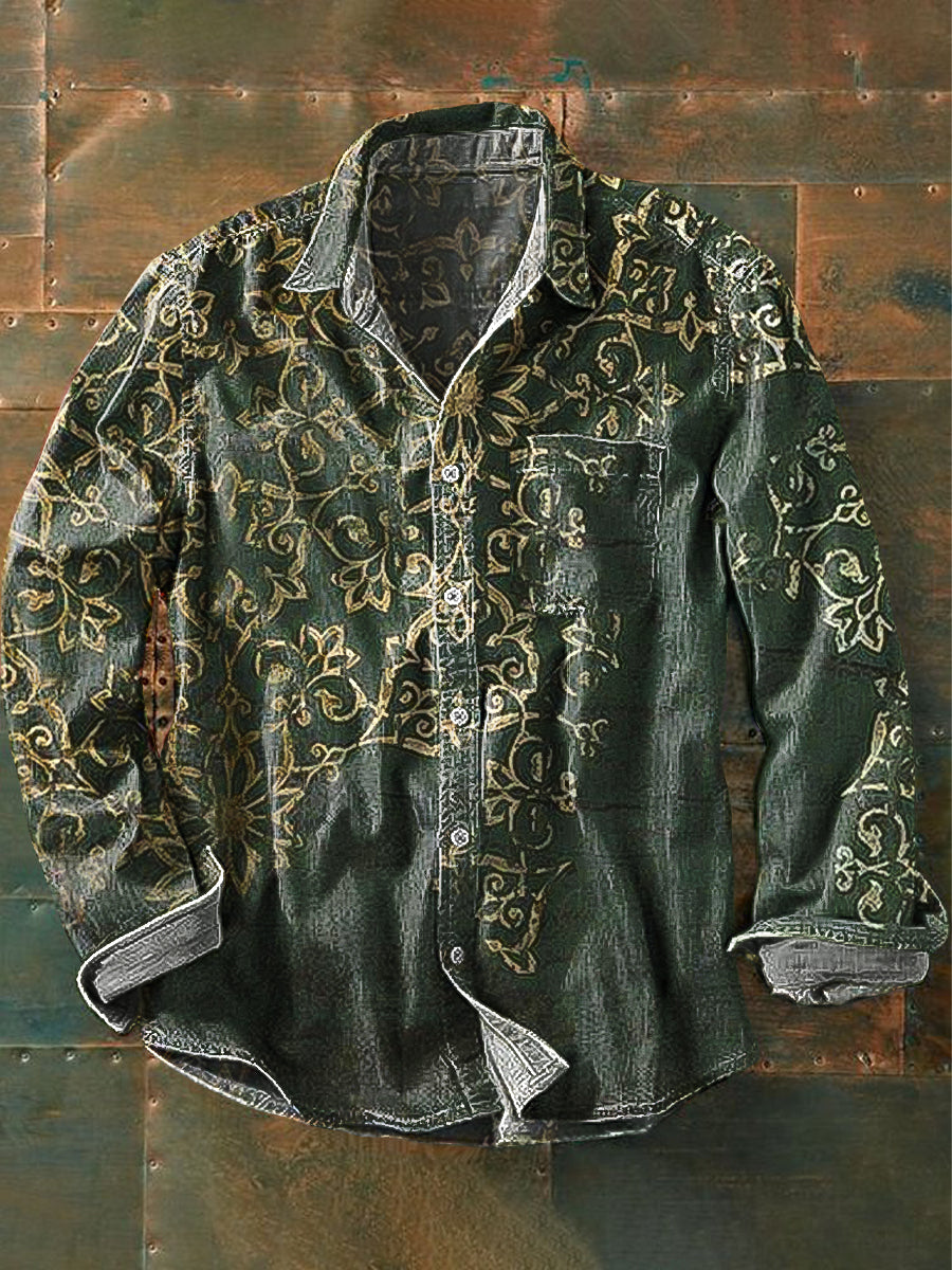 Men's Vintage Irregular Floral Art Print Long Sleeve Pocket Shirt
