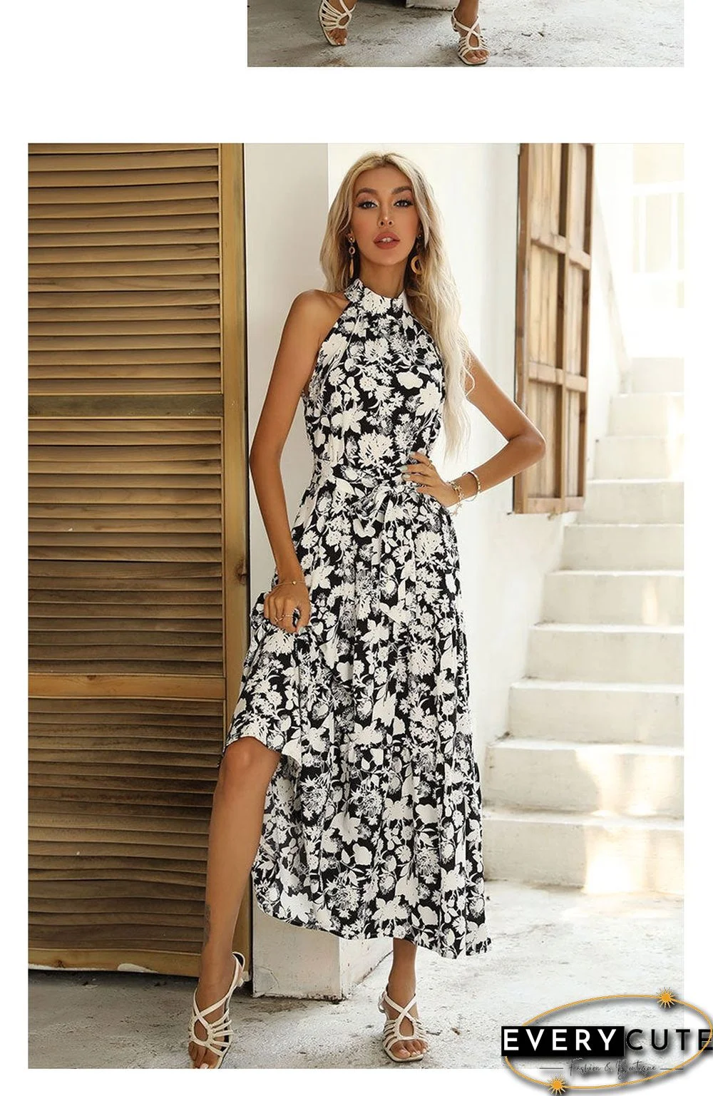 Summer New European and American Printed Open Neck Dress with Suspender