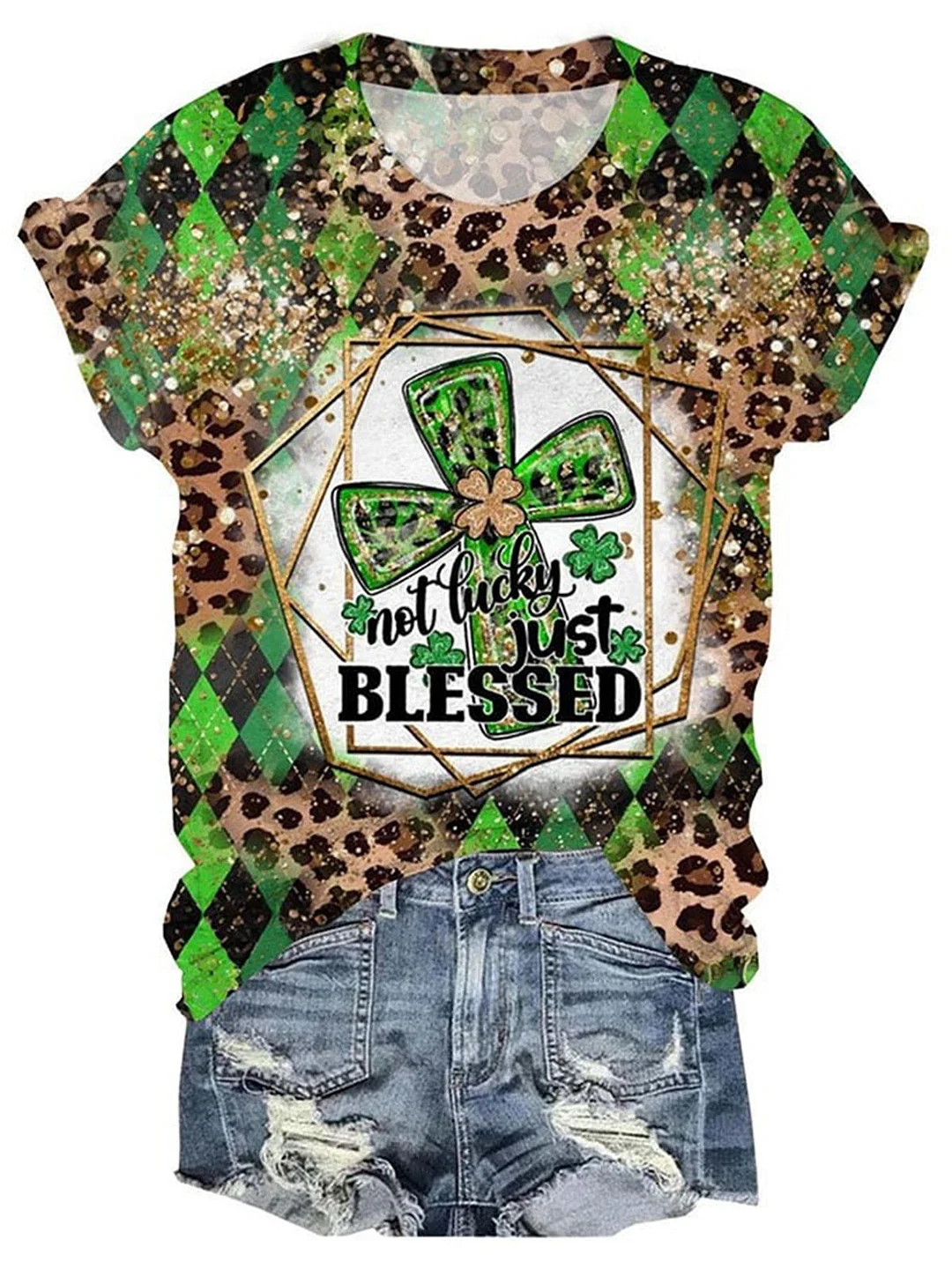 St Patrick's Day Clover Warm Leopard Print Crew Neck T-shirt
