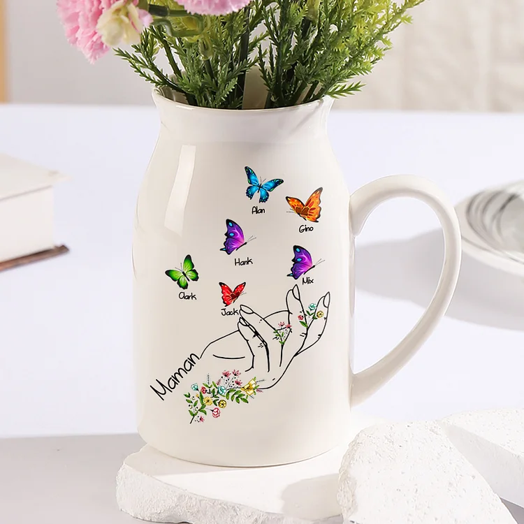 Vase à Fleurs Mains et Papillons 6 Prénoms Personnalisés avec Texte Décoration de la Maison Jessemade FR