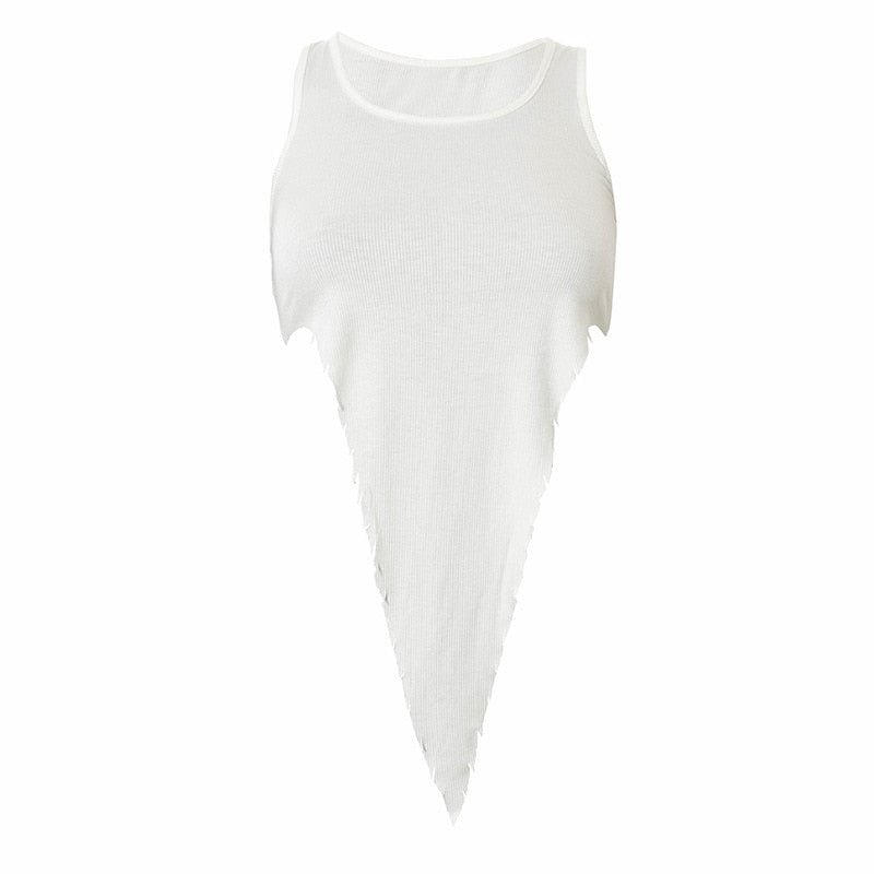 BOOFEENAA Asymmetric Rib Knit Tank Top Sexy Summer Streetwear Women White Crop Tops Clubwear Sleeveless T Shirts C85-AF10
