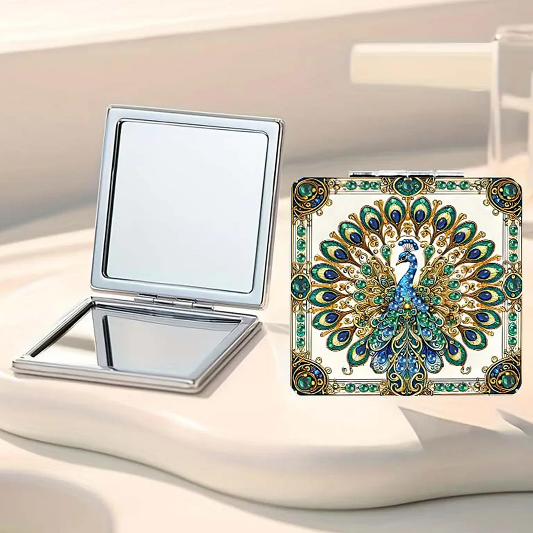 Green Peacock DIY Special Shaped Diamond Painting Compact Mirror Kits Diamond Art Painting Pocket Mirror for Adults and Beginners