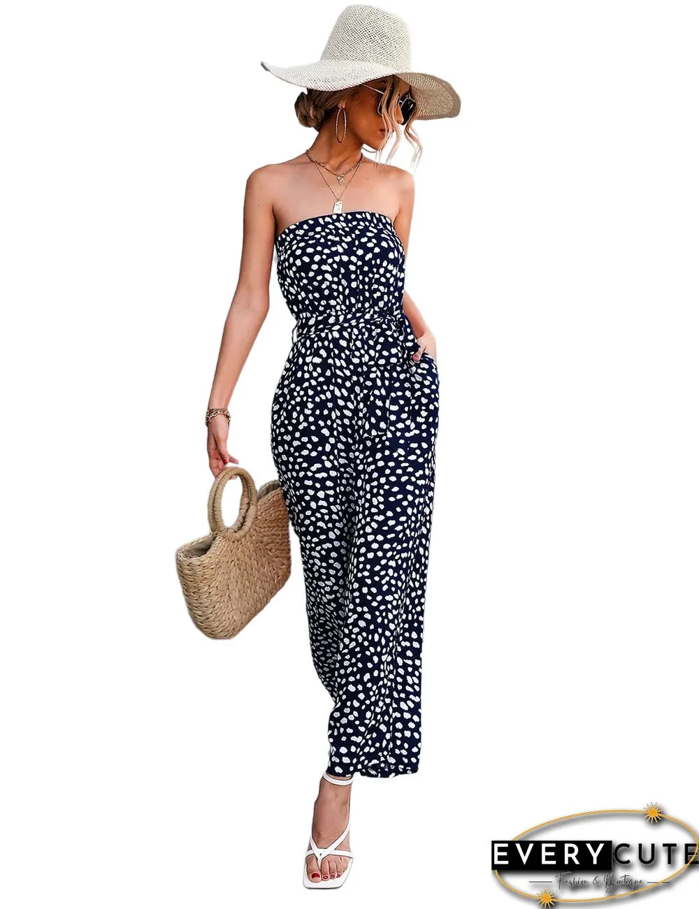 Navy Blue Leopard Print Lace-up Strapless Jumpsuit