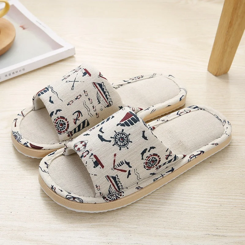 Simple Linen Indoor Home Slippers Casual Floral Flower Household Soft Slippers Spring Autumn Flip Flops Female Linen Slippers