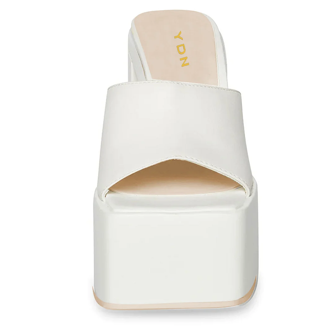 Women's Vegan Leather Square Toe Platform Block Heel Mules in Ivory