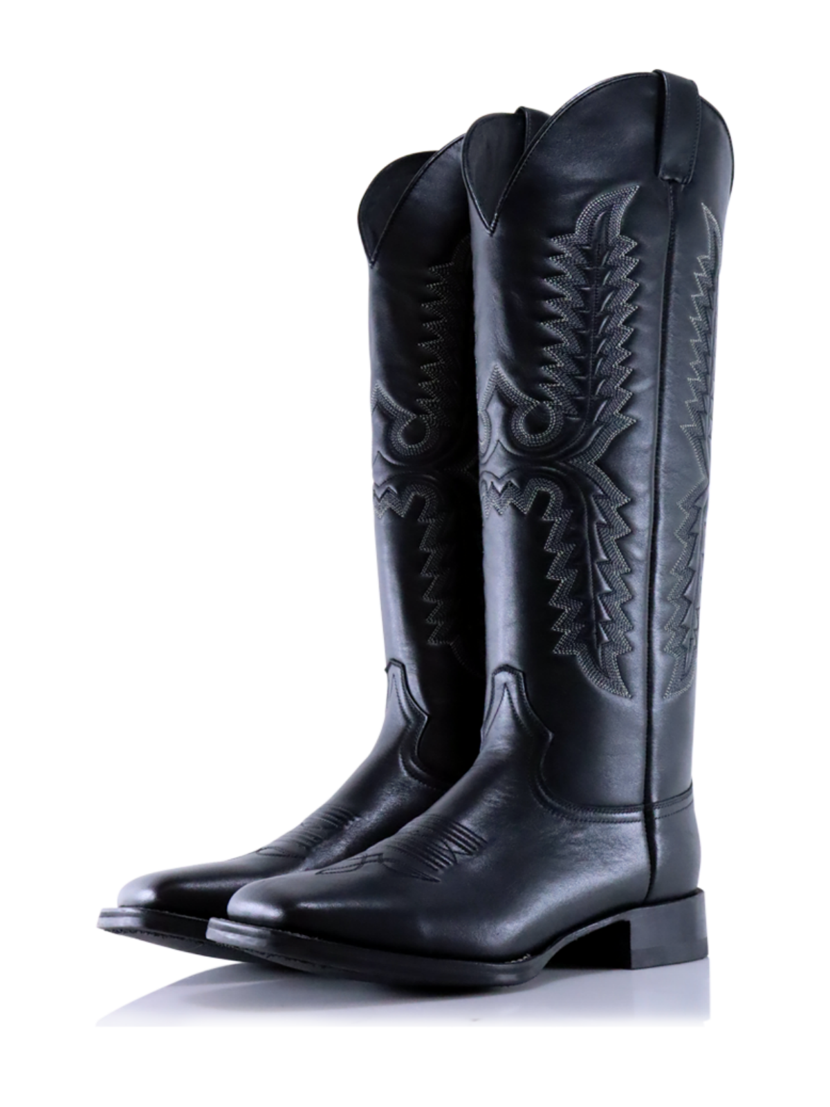 Taafo Black Embroidery Square-Toe Wide Mid Calf Tall Cowgirl Boots