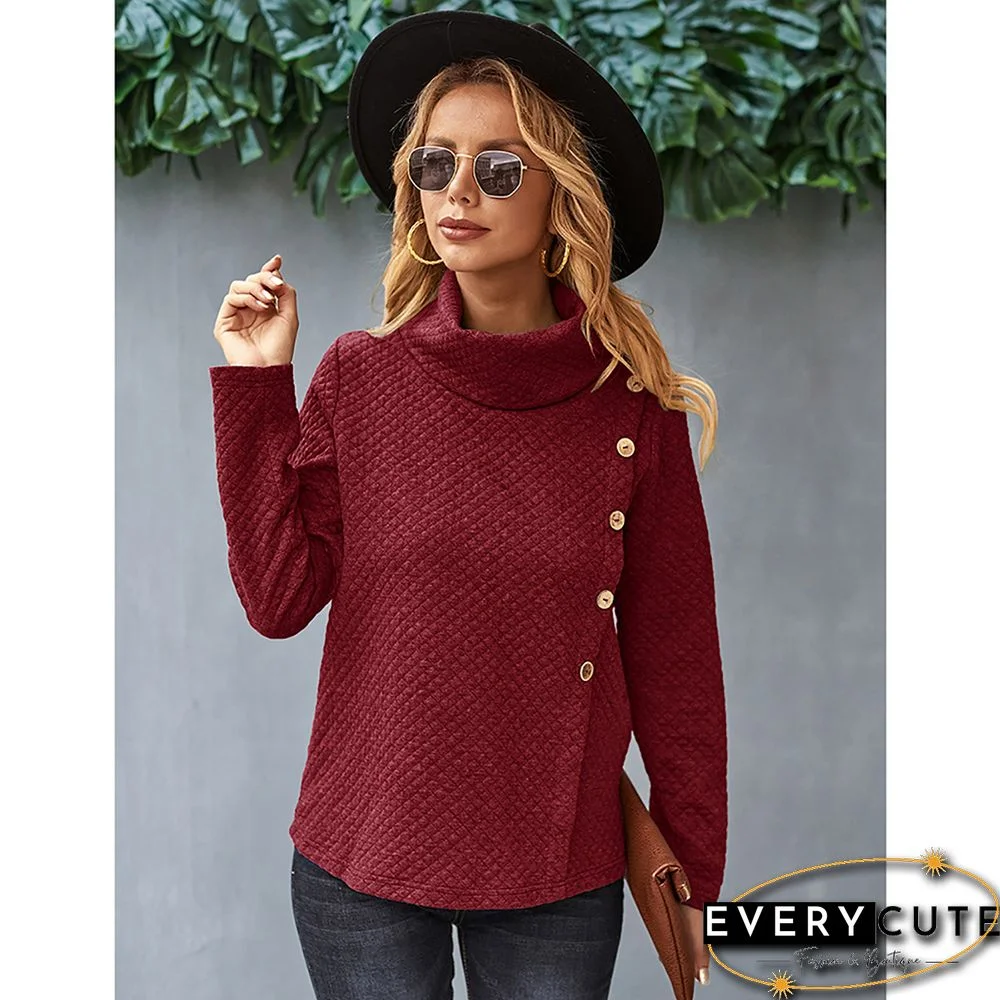 Wine Red Button Detail High Collar Sweatshirt