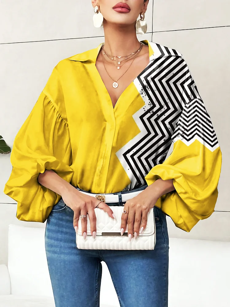 Half Open Neck Design Loose Bubble Long Sleeve Printed Top