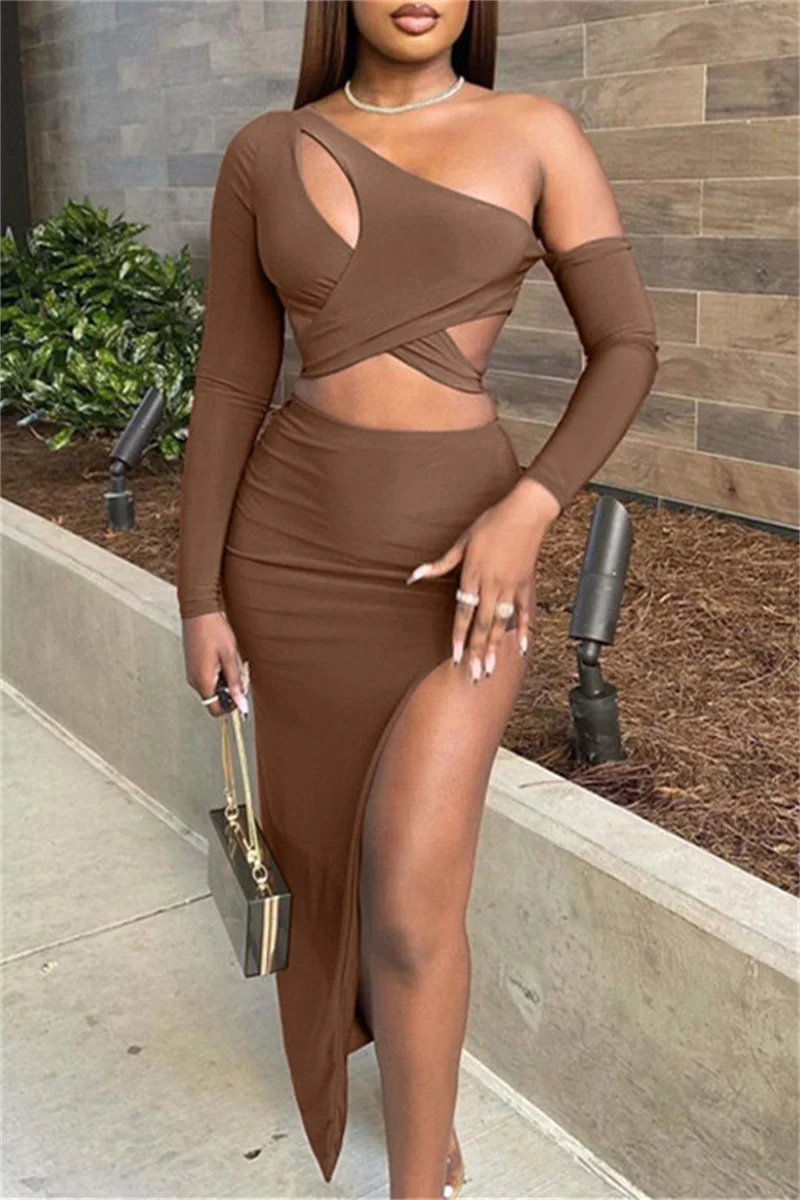 Coffee Sexy Solid Bandage Hollowed Out Backless Oblique Collar Long Sleeve Two Pieces