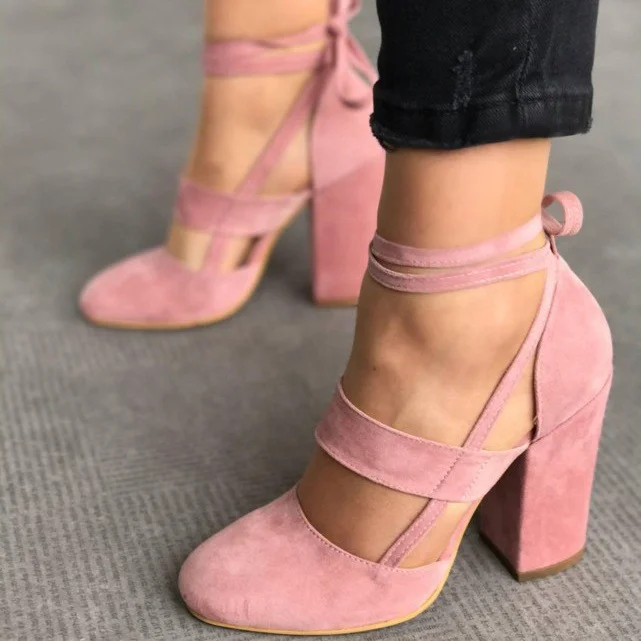 Pink Block Heel Sandals Suede Closed Toe Strappy Heels Pumps |FSJ Shoes