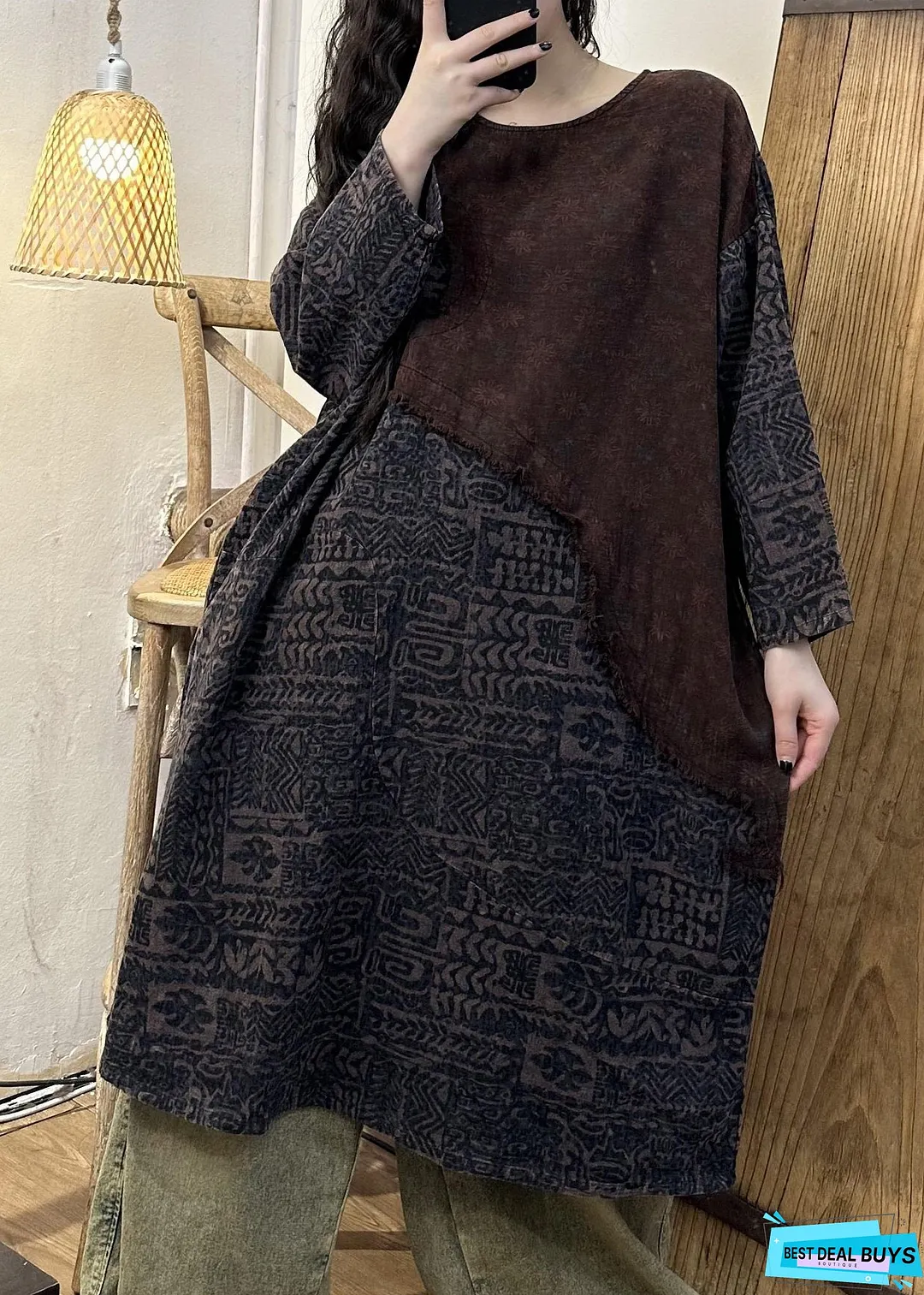 Retro Green Patchwork Print Long Dress Long Sleeve