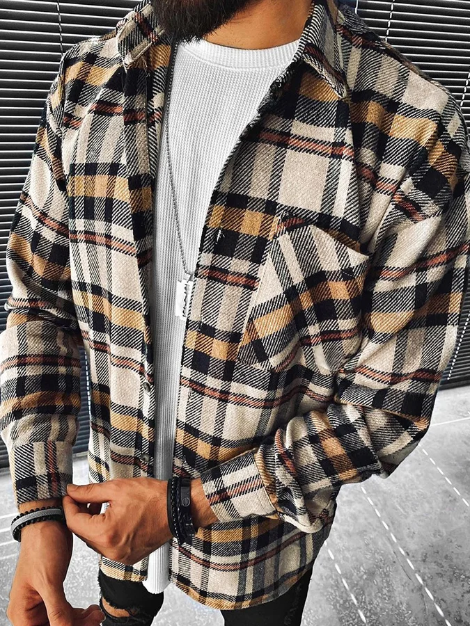 Men Fashion Check Casual Long Sleeve Jacket